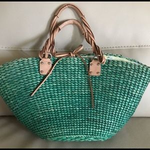 Banana Republic Green/Tan Straw Bucket Tote Bag